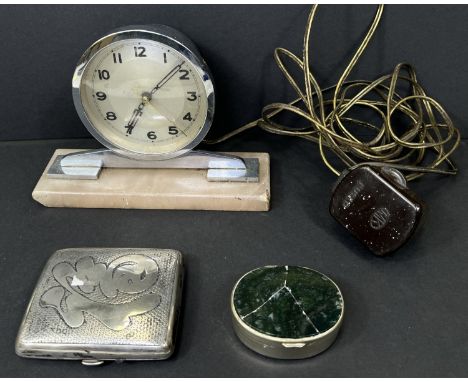 A Chinese white metal cigarette case 2.6oz, an Art Deco mantle clock and decorative pill box.