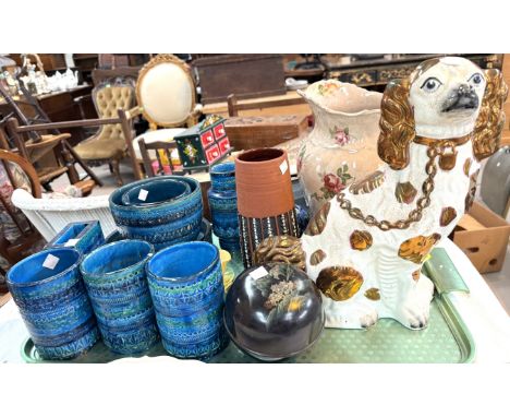 A mixed lot of ceramics including bright turquoise Troika-style pottery vases, mugs etc; a large jug, copper lustre spaniel, 