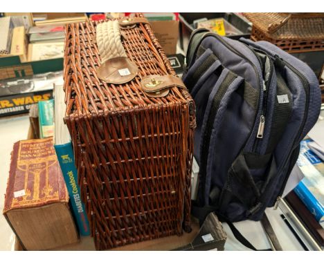 Mrs Beeton's 1909 cookbook plus others, picnic hamper and rucksack.