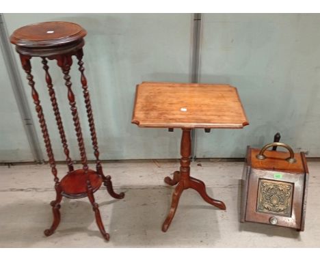 19th century Arts &amp; Crafts coal box complete with original coal shovel with a mahogany barley twist plant stand and tripo