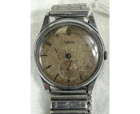 A vintage mid 20th century gents Tudor stainless steel wristwatch, manual, the dial with baton numerals and subsidiary second