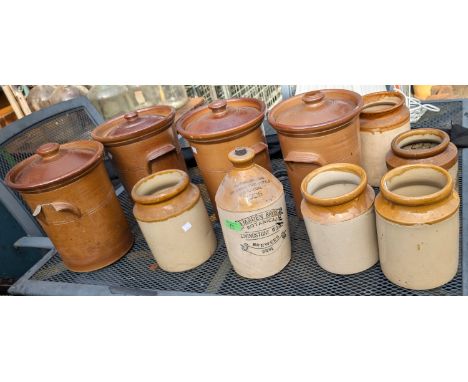 An early 20th century Maden Bros Botanical Brewers Stone bottle and other stoneware pots, some lidded