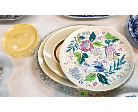 A Medici pattern blue and white platter; two Susie Cooper plates; a Poole plaque etc.