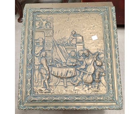A Victorian wrought metal and glass fire screen with Victorian portrait, fire companion