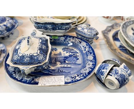 A 19th century blue and white meat platter depicting 'Nuneham Courtney'; 3 graduating blue and white tureens.