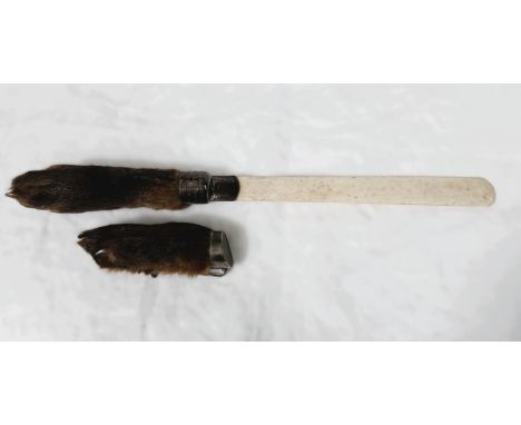 Hunting Prize: a hallmarked silver topped bone and paw page turner with hunt details, another brooch and another similar.