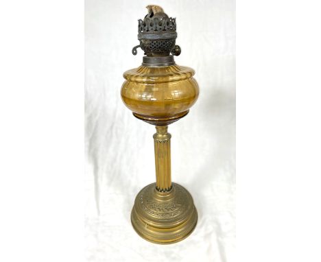 A Victorian brasss column oil lamp, brass pestle and mortar and other copper, etc.