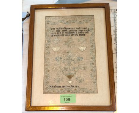 An 1831 workhouse sampler, Elizabeth McConchie, framed, 21 x 13cm, silk and linen with religious verse.