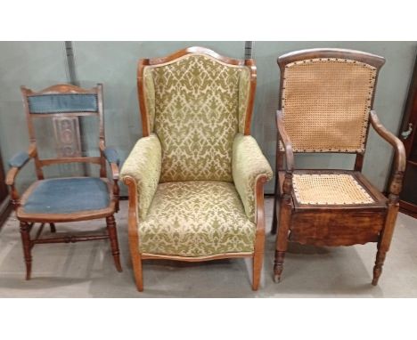 An Edwardian inlaid light mahogany wing back chair with a late 19th century commode and an Edwardian inlaid child's armchair