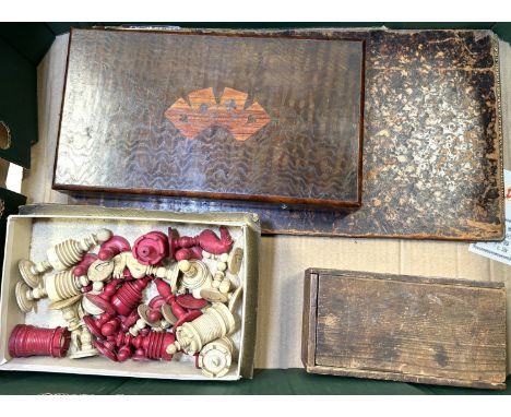 A 19th century bone barleycorn chess set, a carved wooden chess et, games box etc.