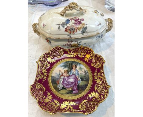 A late 19th/early 20th century Vienna square comport, 'Pomona' with burgundy and gilt border and central reserved panel with 
