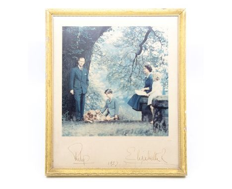 HM Queen Elizabeth II and HRH Prince Philip, Duke of Edinburgh. Autograph card signed individually and dated 1957, the design