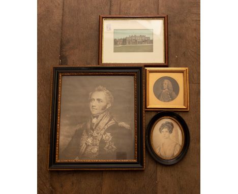 Collection of framed pictures relating to the Anson family, including two late-18th century engravings (The Engagement of the