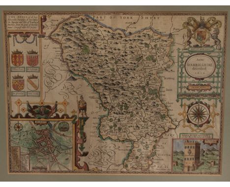 Speed, John. 17th-century map of Derbyshire, hand-coloured copper engraving on laid/chain-lined paper featuring heraldic shie