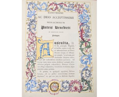 Illuminated. Regula S. Patris Benedicti, published by Stanbrook, Wigorniae, Ex Typis Abbatiae B.M.V. de Consolatione, 1887. I