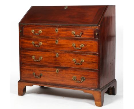 A George III mahogany bureau, the fall front enclosing a fitted interior, above four cock beaded, graduated drawers and brack