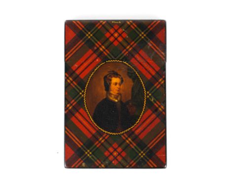 A Victorian mauchline ware Stuart tartan ware card case and cover,  painted with an oval portrait of a woman, on tartan patte