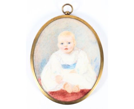 A Dinman, a miniature portrait of a baby, signed and dated June 1908, water/body colour on ivory, in oval gilt-metal frame, 8