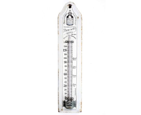 An enamelled tin advertising thermometer inscribed Dufftown Glenlivet District, Coinnoisseurs Prefer Dawsons Perfection Whisk
