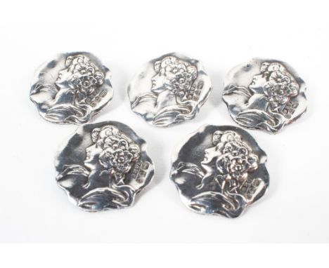 Five silver Art Nouveau buttons, hallmarked Chester, 1903, makers marks for Joseph and Richard Griffin, cast with a bust leng