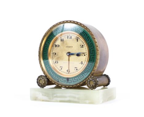 A Zenith (Swiss) alarm clock on onyx base, the gilt-metal dial with Arabic numerals,  with second hand, within a green enamel