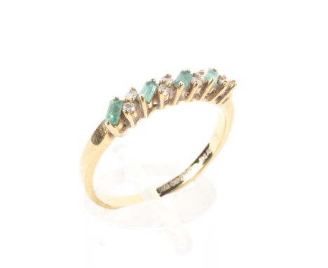 An 18ct gold emerald and diamond ring line set with alternate step cut emeralds and  single cut diamonds, Size S, 2.9g 