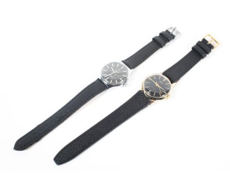 A gents Smiths manual wind wristwatch, the black dial with gilt baton markers denoting hours, together with a Pilot 17 jewels