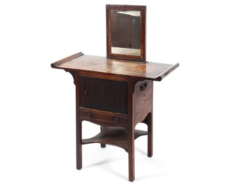 A George III mahogany bedside table, fitted tambour cupboard and drawer, with later adapted Chinese style top, with concealed