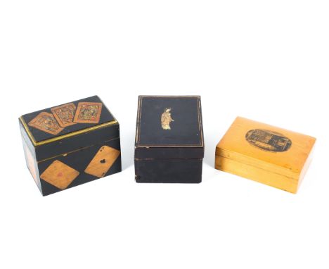 Three Victorian playing card boxes, including a Mauchline Ware box decorated with an Interior of view of Burns' Cottage, 'Mad