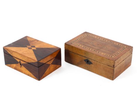 Two Victorian wooden inlaid boxes, the first, Tunbridge Ware, inlaid with chequered border, 18 cm wide, the second veneered i
