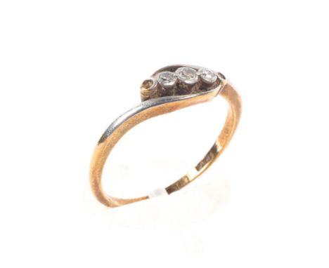An unmarked yellow metal cross-over ring (two vacant stones) Size O, 2g. 