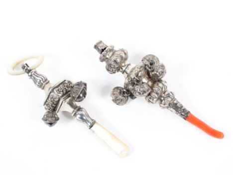 A late 19th/early 20th century silver babies rattle/teether, set with mother of pearl handle, hallmarks rubbed, together with