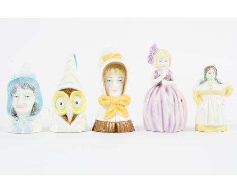 A collection of  Royal Worcester candle snuffers, including: French Cook, Owl, Hush, Young Girl and Mrs Caudle, 20th century,