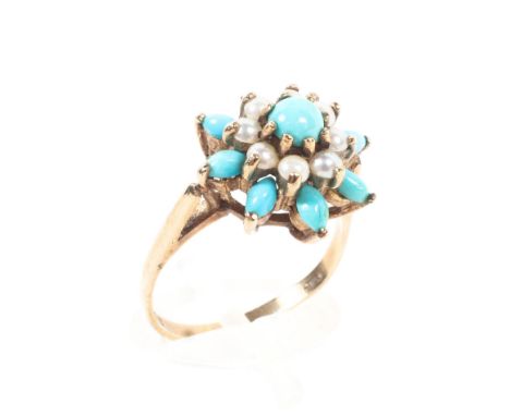 A 9ct gold turquoise and pearl flower ring, size N, 2.9g