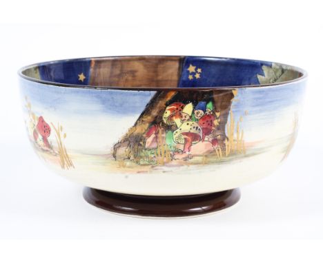 A Royal Doulton Gnomes Series bowl, circa 1920, printed black marks, printed and painted with gnomes around toadstools before