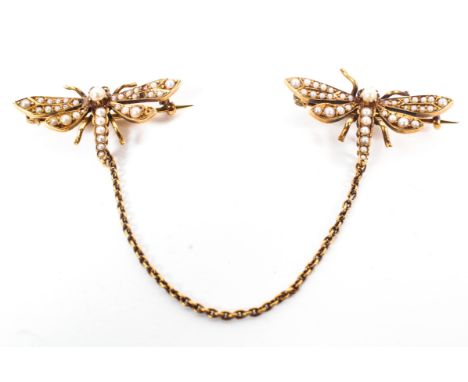 A 9ct gold and seed pearl double chain brooch each modelled as a dragonfly. 5.8g. 