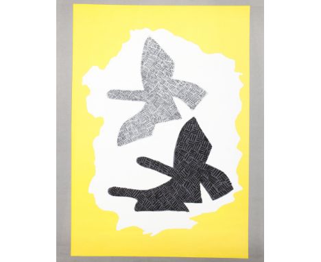 After Georges Braque, colour lithograph or Exhibition poster of abstract birds in flight on white and yellow ground, within g