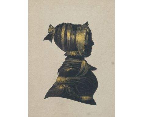 A Victorian silhouette portrait of a woman, mid-19th century, bearing a ribboned bonnet, with gilt highlights, in oak frame, 