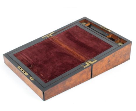 A Victorian burr walnut and mother-of-pearl inlaid writing slope, the top and lock inlaid with cartouche within a wreath, the