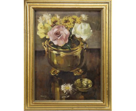 * ERNEST BURNETT HOOD RGI (SCOTTISH 1932 - 1988), ROSES AND CHRYSANTHEMUMS oil on canvas, signed 35cm x 25cm Framed Label ver