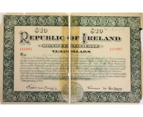 Republican Bond Certificate: de Valera (Eamon) Republic of Ireland, Bond Certificate, Ten Dollar, Issue No: 118009, John Feel