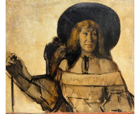 A mid 20th century American School oil portrait on canvas depicting a figure in a wide brimmed hat with a bird of prey. H.66 