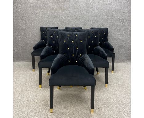 A set of six contemporary Artsome for Coach House Collection black velvet and gilt button back dining chairs each having an e