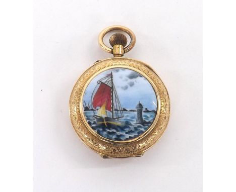 Attractive 14k and enamel cylinder fob watch, gilt bar movement, the ornate white dial with Roman numerals, the case back ena