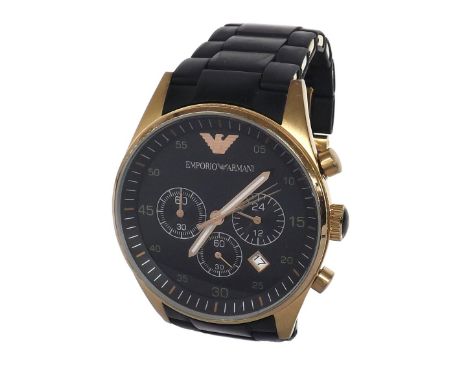 Emporio Armani chronograph rose gold plated gentleman's wristwatch, ref. AR5905, black rubber bound bracelet with folding cla