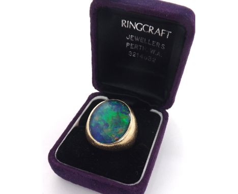 Gentleman's large 9ct doublet black opal ring, 25.6gm, 24mm wide, ring size U-/T, box