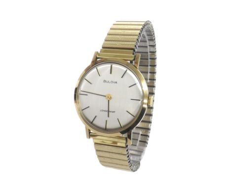 Bulova Longchamp 9ct gentleman's wristwatch, silvered dial with baton markers, case no. 3 450761, expanding bracelet 34mm (Q6