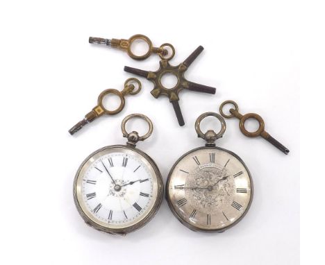 Benson, London silver cylinder engine turned fob watch with a silvered signed dial, gilt frosted bar movement, 37mm; together