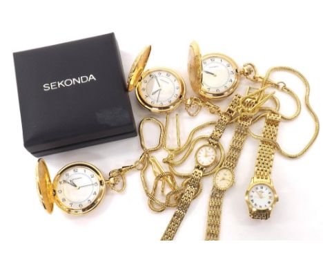 Three Sekonda pocket watches (one with box); together with three ladies gold plated bracelet watches to include Limit and Rot