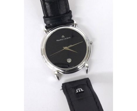 Maurice Lacroix stainless steel gentleman's wristwatch, ref. 69850, serial no. AE27992, black dial, quartz, original black st